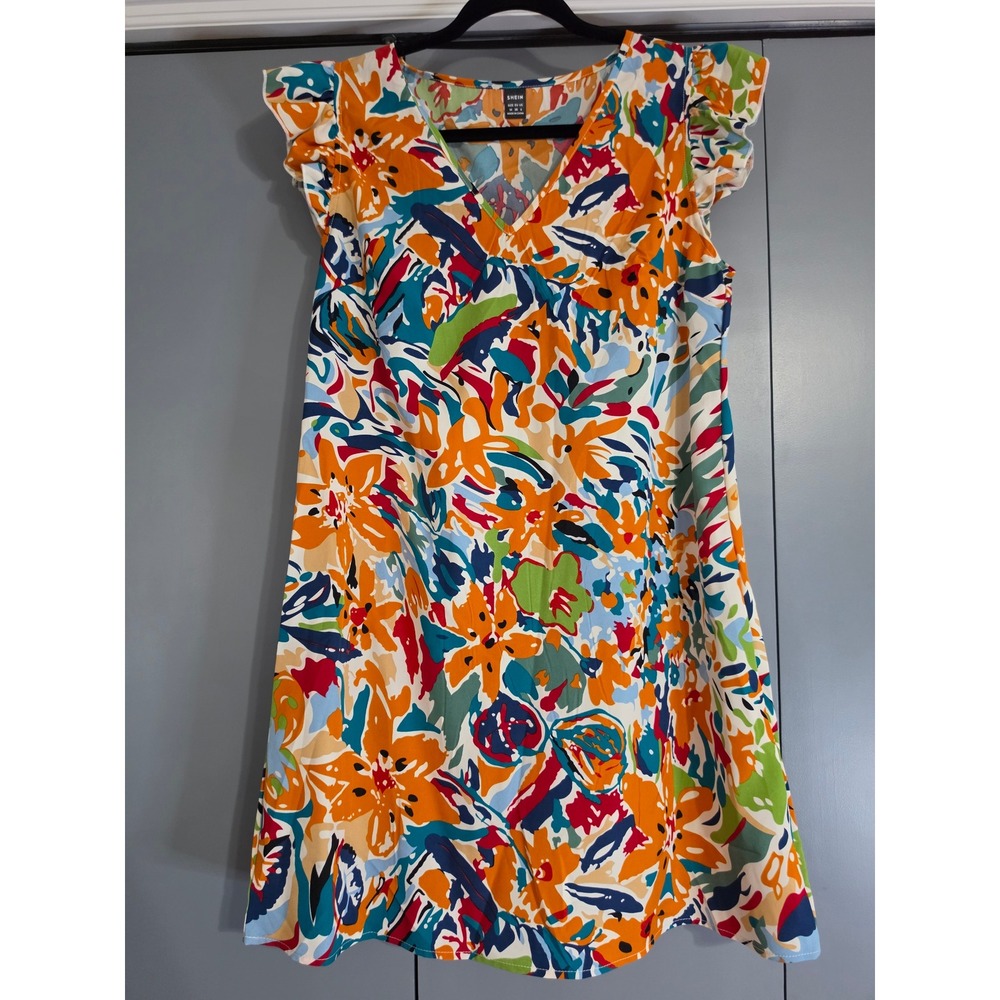 NWT SHEIN Floral V-Neck Ruffle Sleeve Dress Medium Multicolor Abstract Mini
